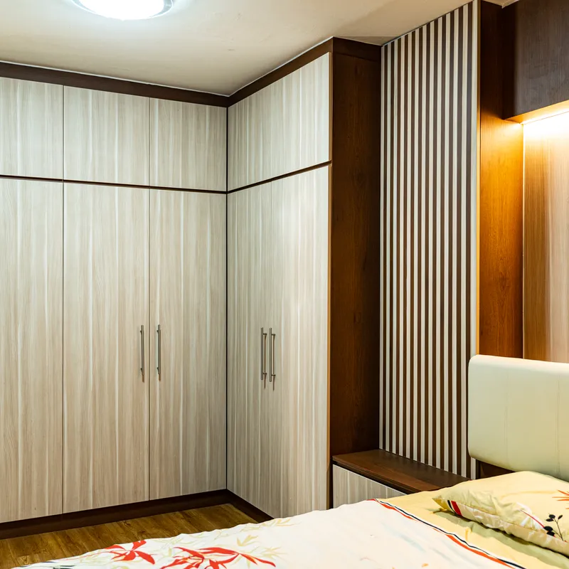 TV console feature wall detail, fluted timber